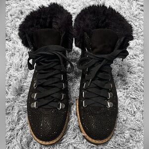 INC Black Rhinestone and Fur Lace Up Hiker Boots beautiful and stunning SZ 7 M
